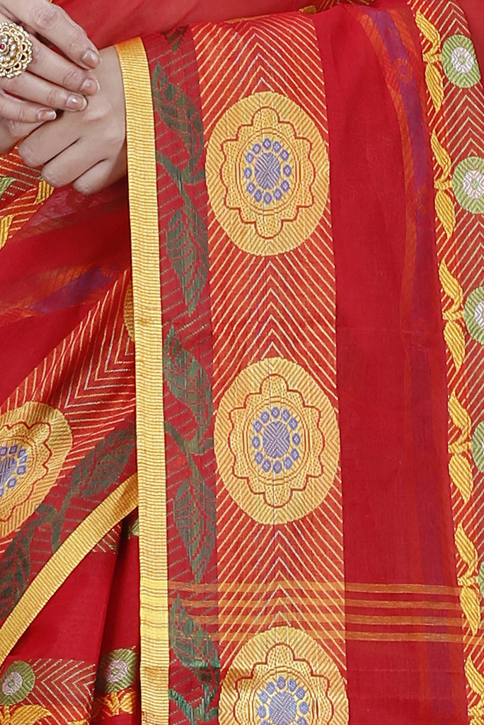 Red Pure Cotton Uttara Tant Saree (1131)